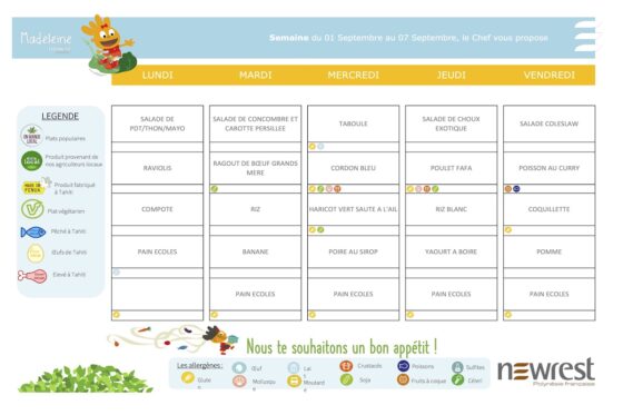 Le menu de nos écoles servi du 1er au 5 septembre 2025