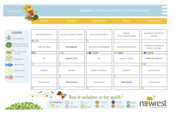 Tāmaa maitaì -les menus des écoles de Arue (12 au 16/01/2026)